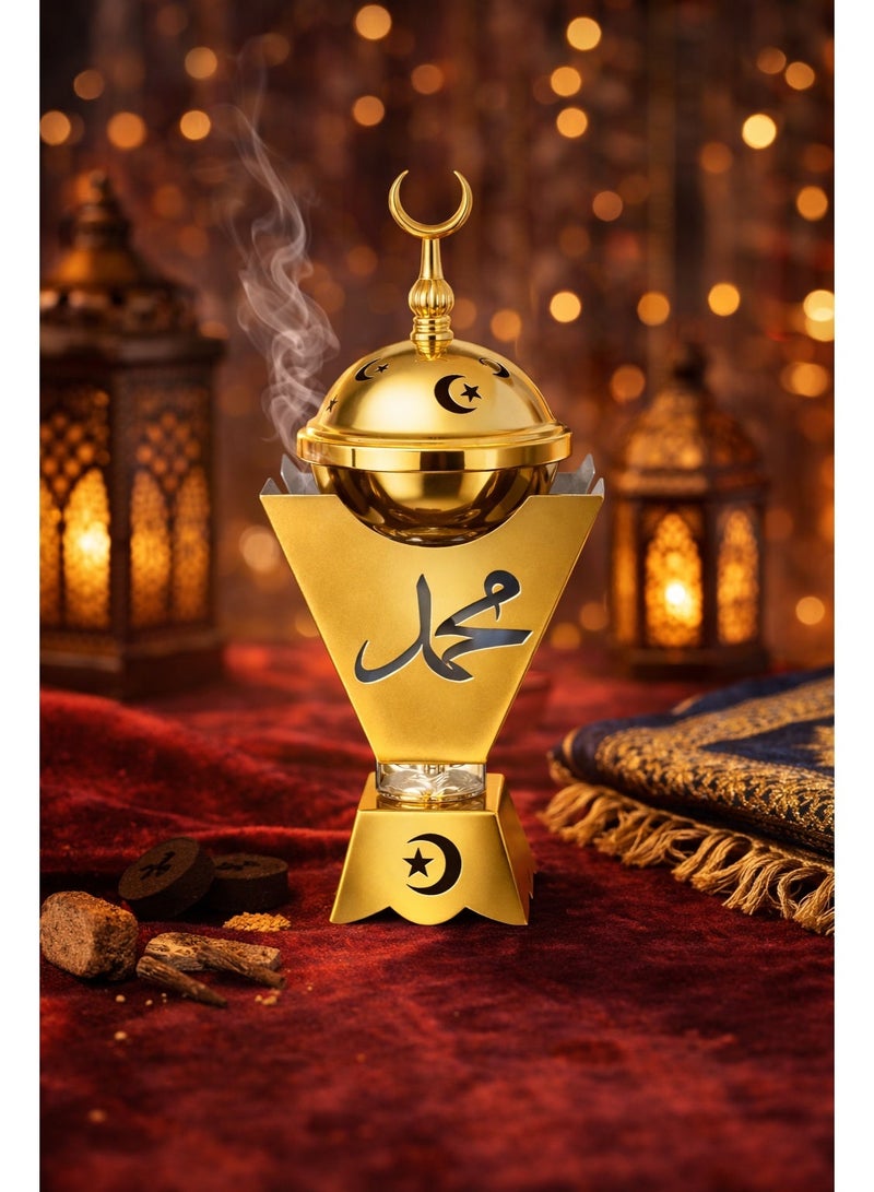 مبخرة إسلامية ديكورية فاخرة بغطاء معدني ذهبي – ديكور رمضان وديكور منزلي – ارتفاع 25 سم (قاعدة 6 سم × عرض علوي 11 سم) - Image 4